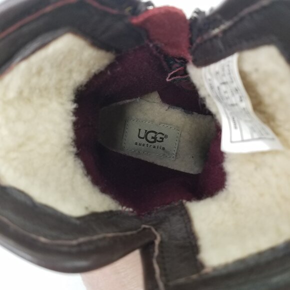 UGG Simmens Boots Women 6 Leather Waterproof Brown Olive Shearling Lining Zip Up - Picture 15 of 16